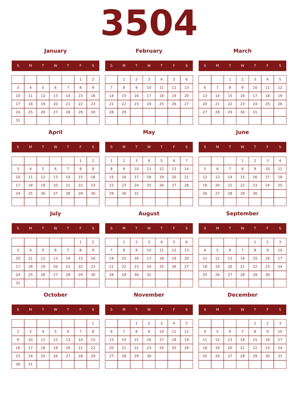 Printable 3504 Year Calendars falu