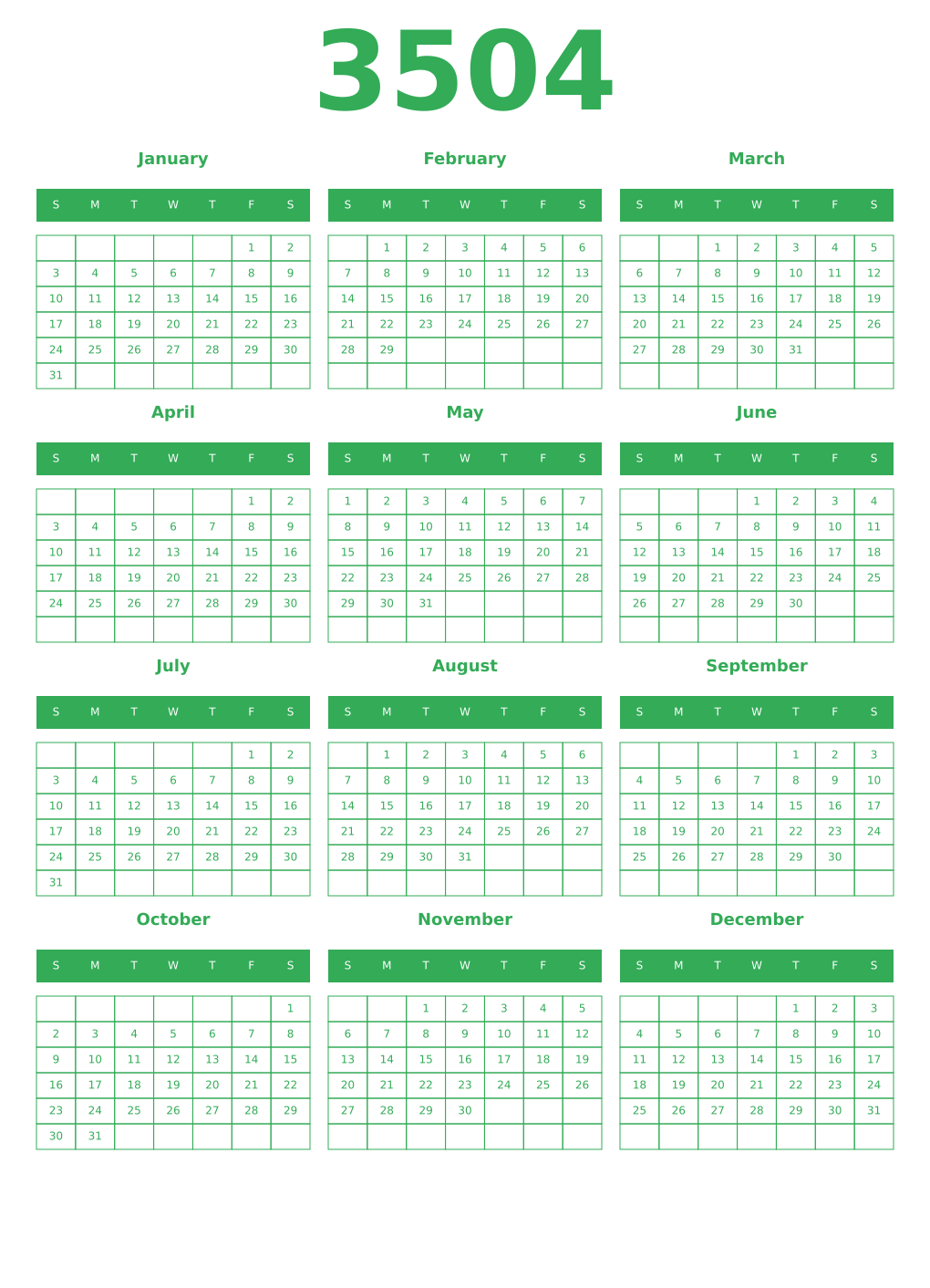 Printable 3504 Year Calendars green