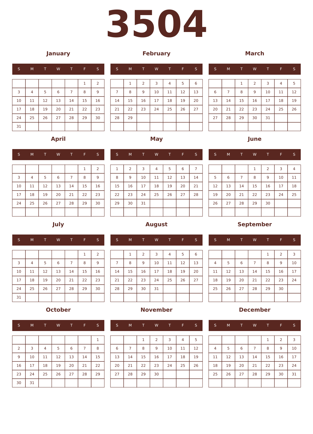 Printable 3504 Year Calendars mortuum