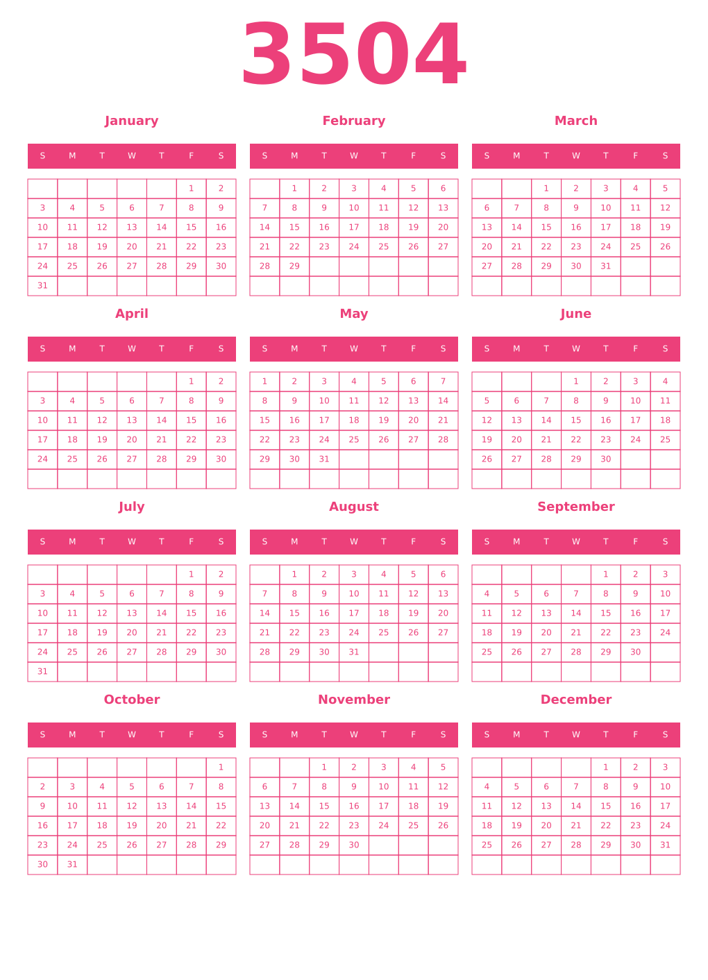 Printable 3504 Year Calendars pink
