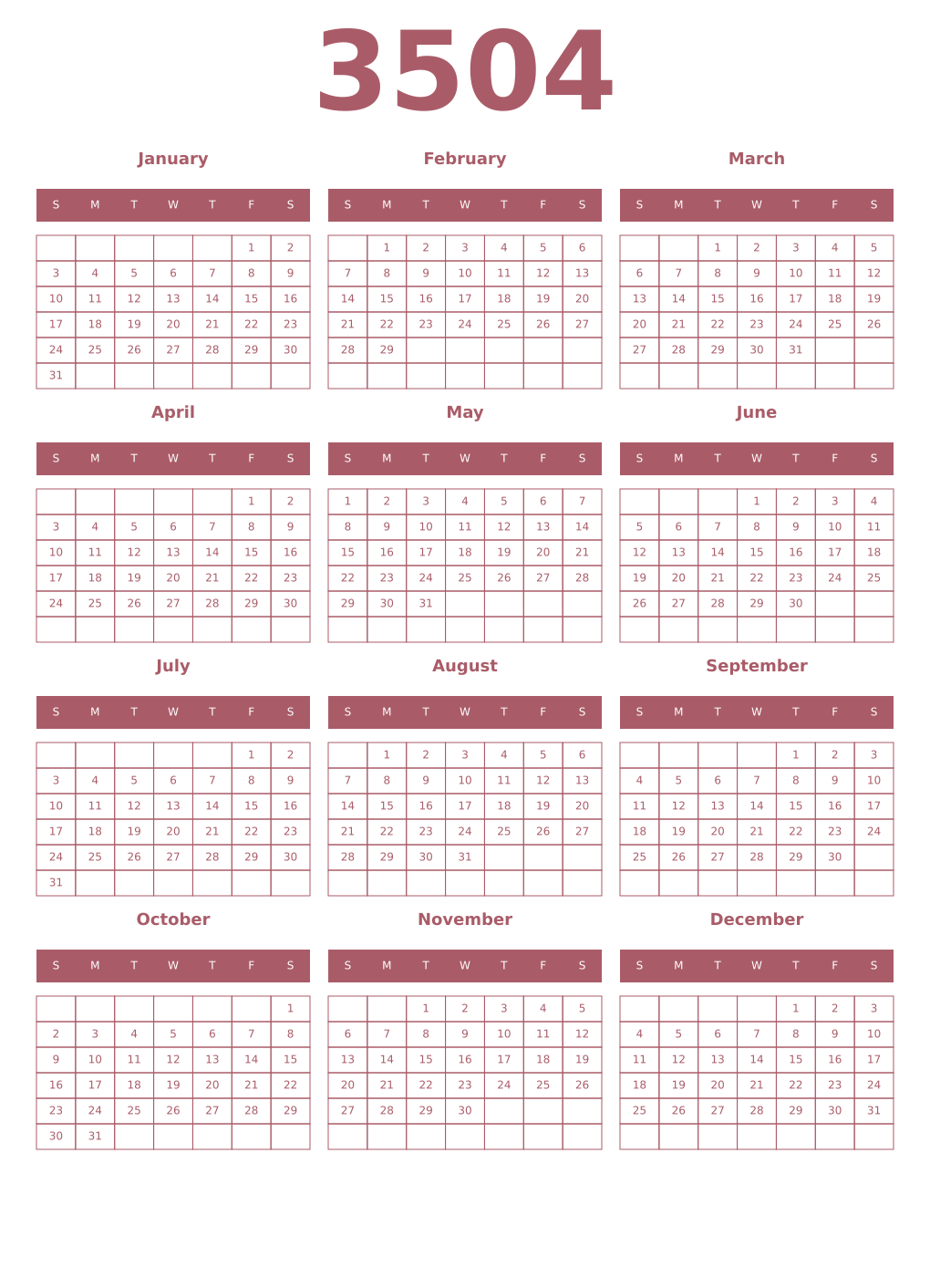 Printable 3504 Year Calendars puce