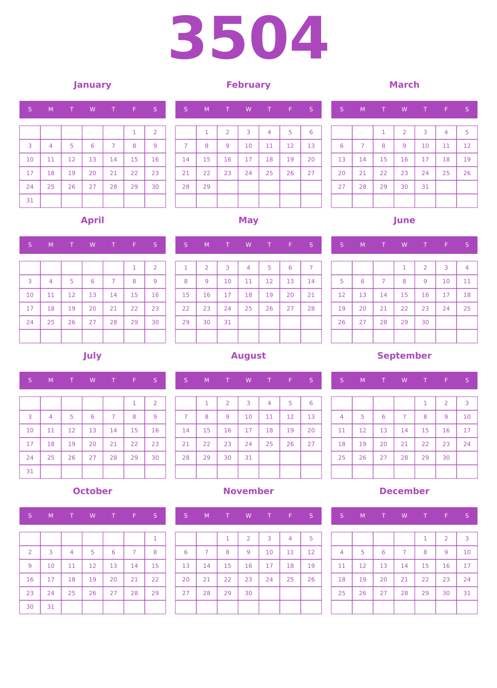 Printable 3504 Year Calendars purple