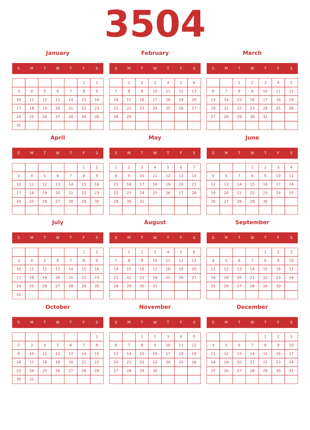 Printable 3504 Year Calendars red