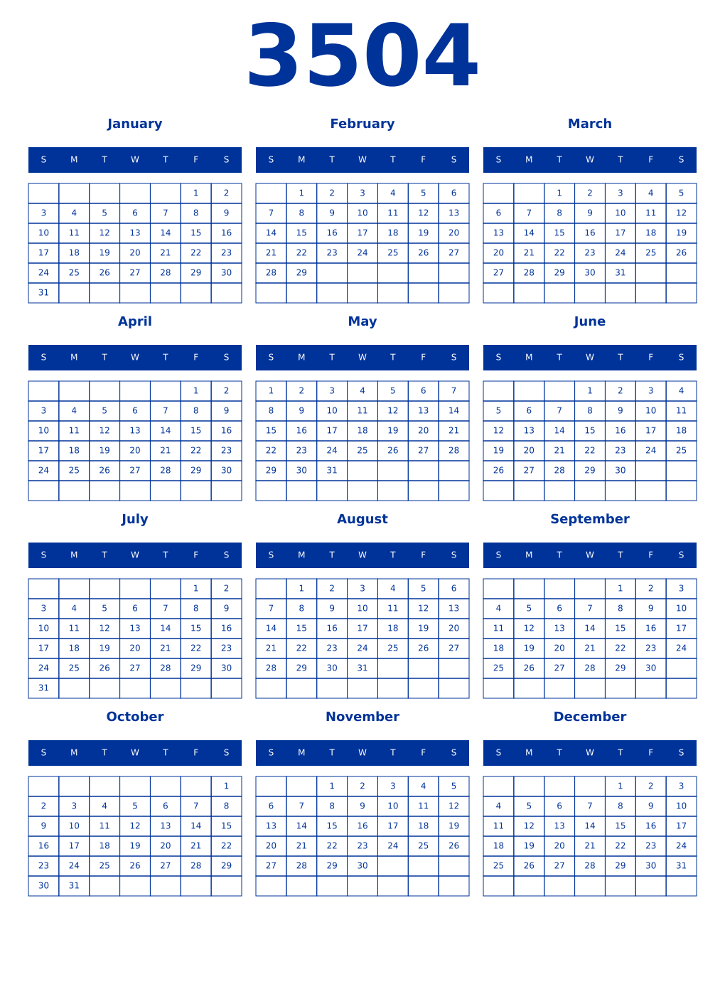 Printable 3504 Year Calendars smalt