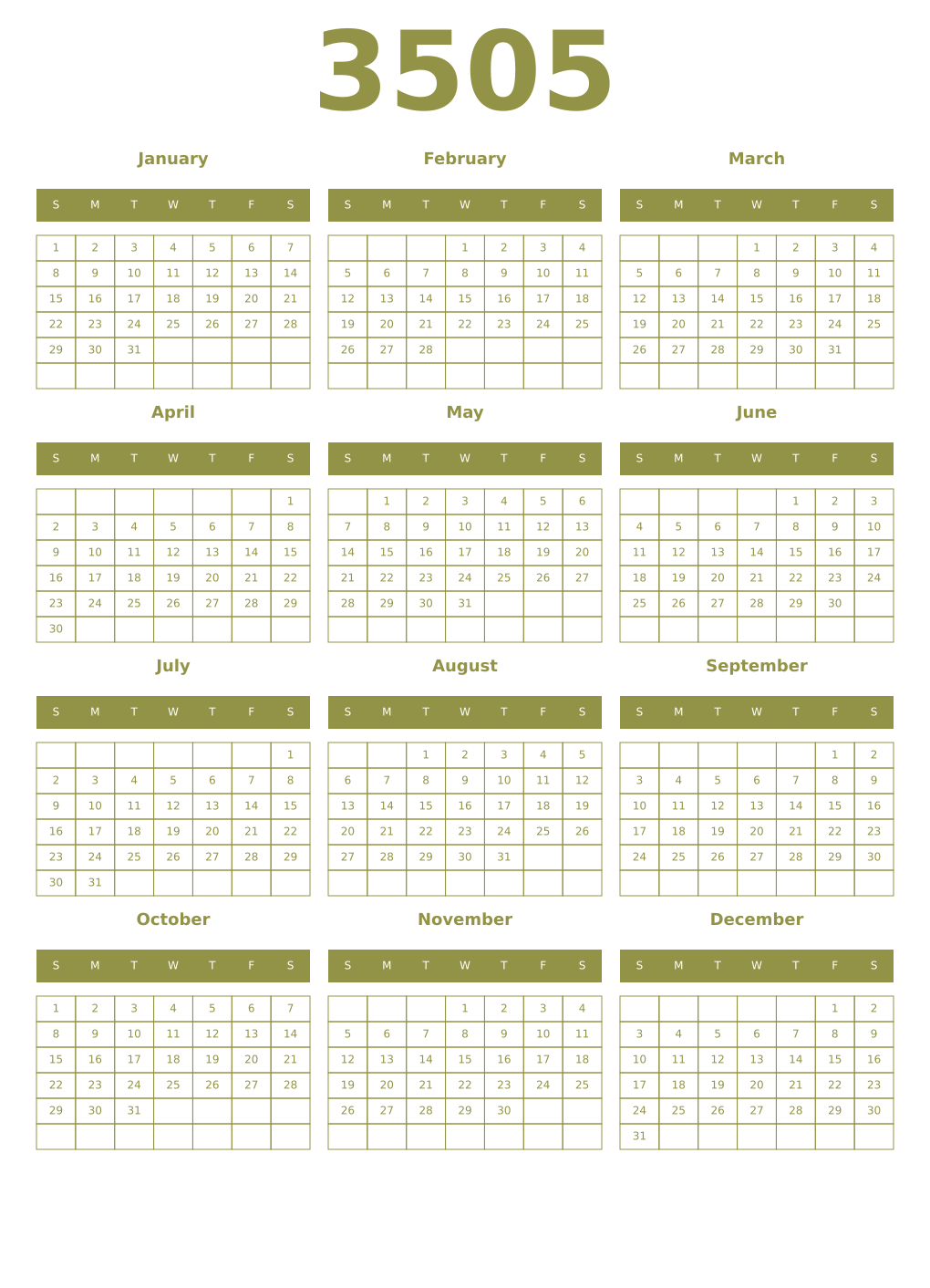 Printable 3505 Year Calendars eburnean