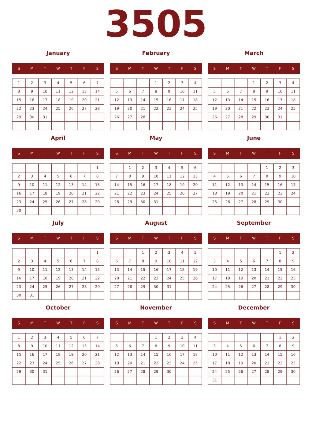 Printable 3505 Year Calendars falu