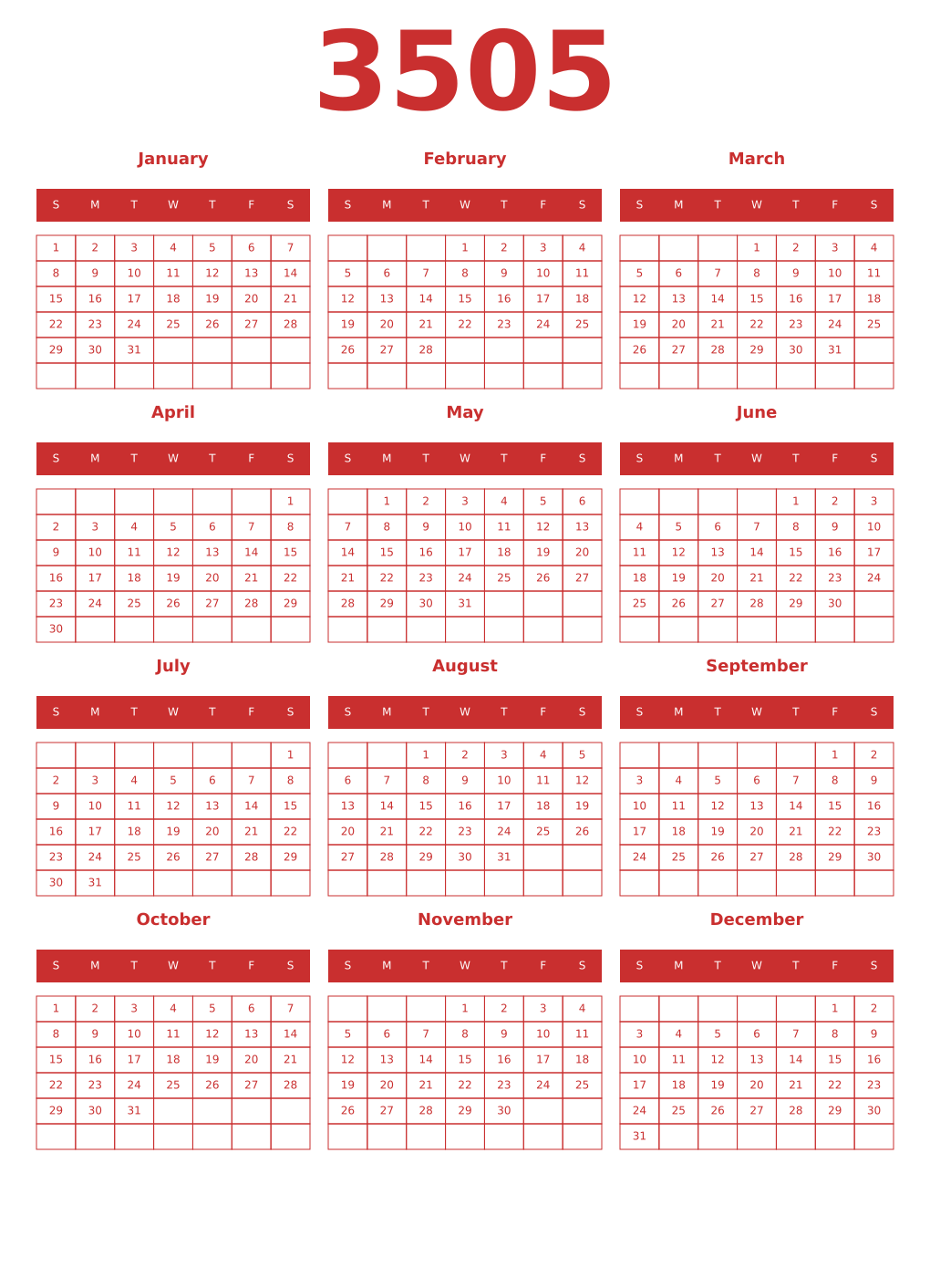 Printable 3505 Year Calendars red
