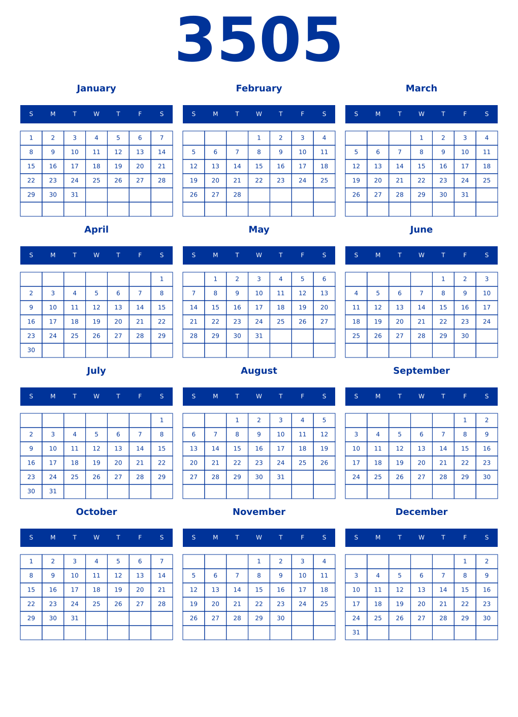Printable 3505 Year Calendars smalt