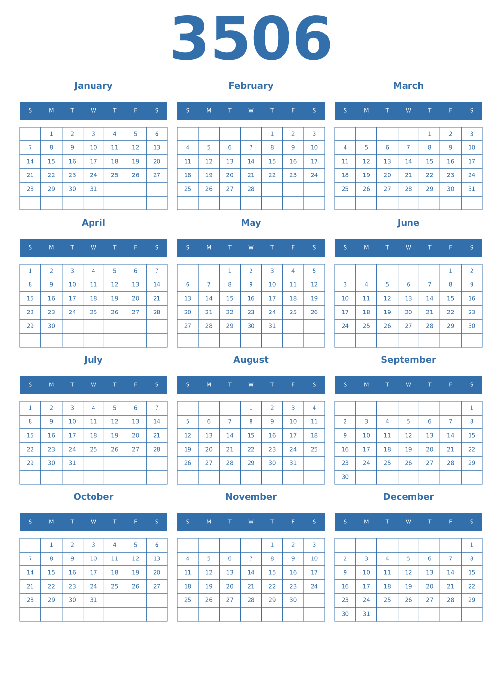 Printable 3506 Year Calendars blue