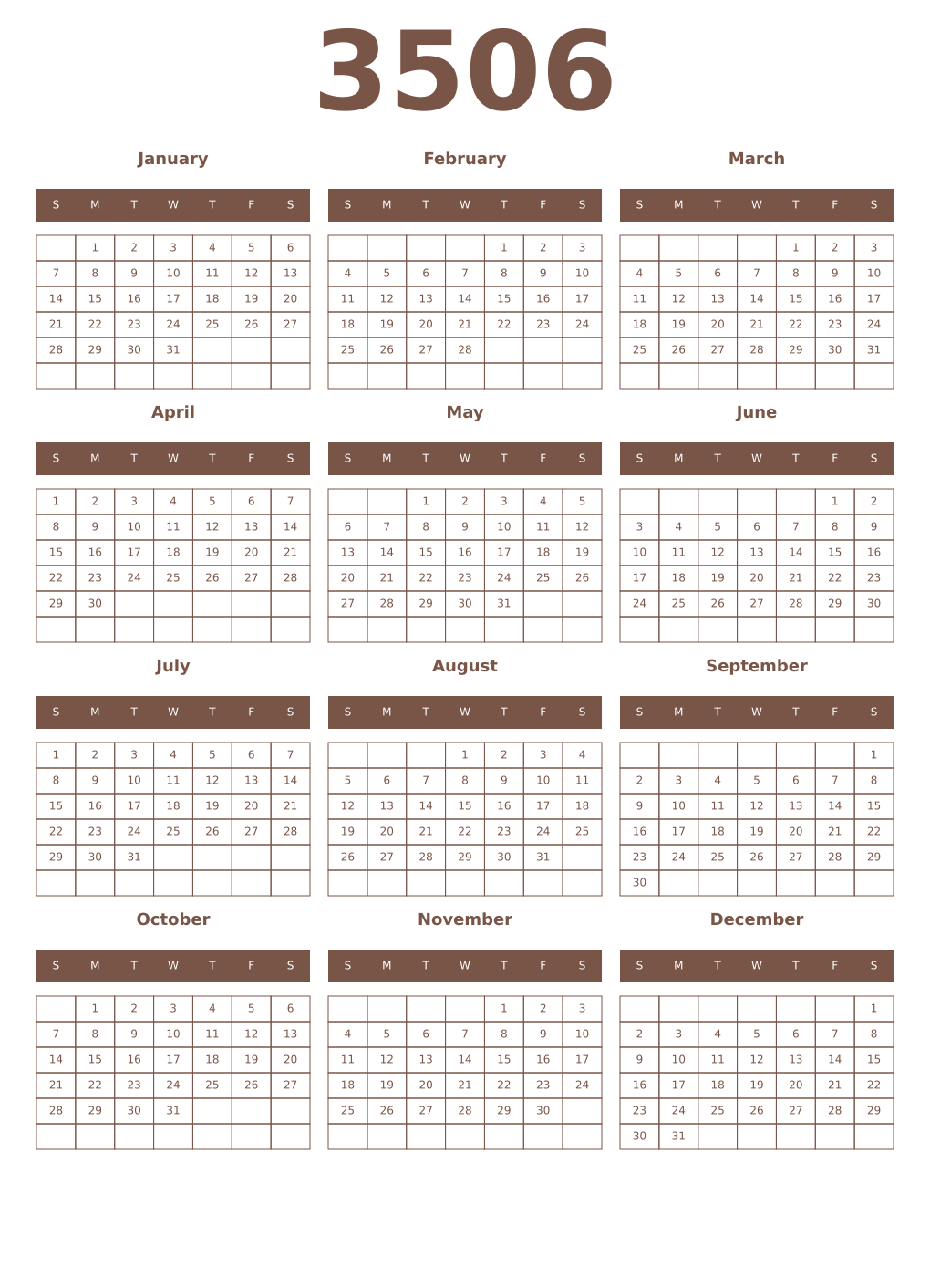 Printable 3506 Year Calendars coffe