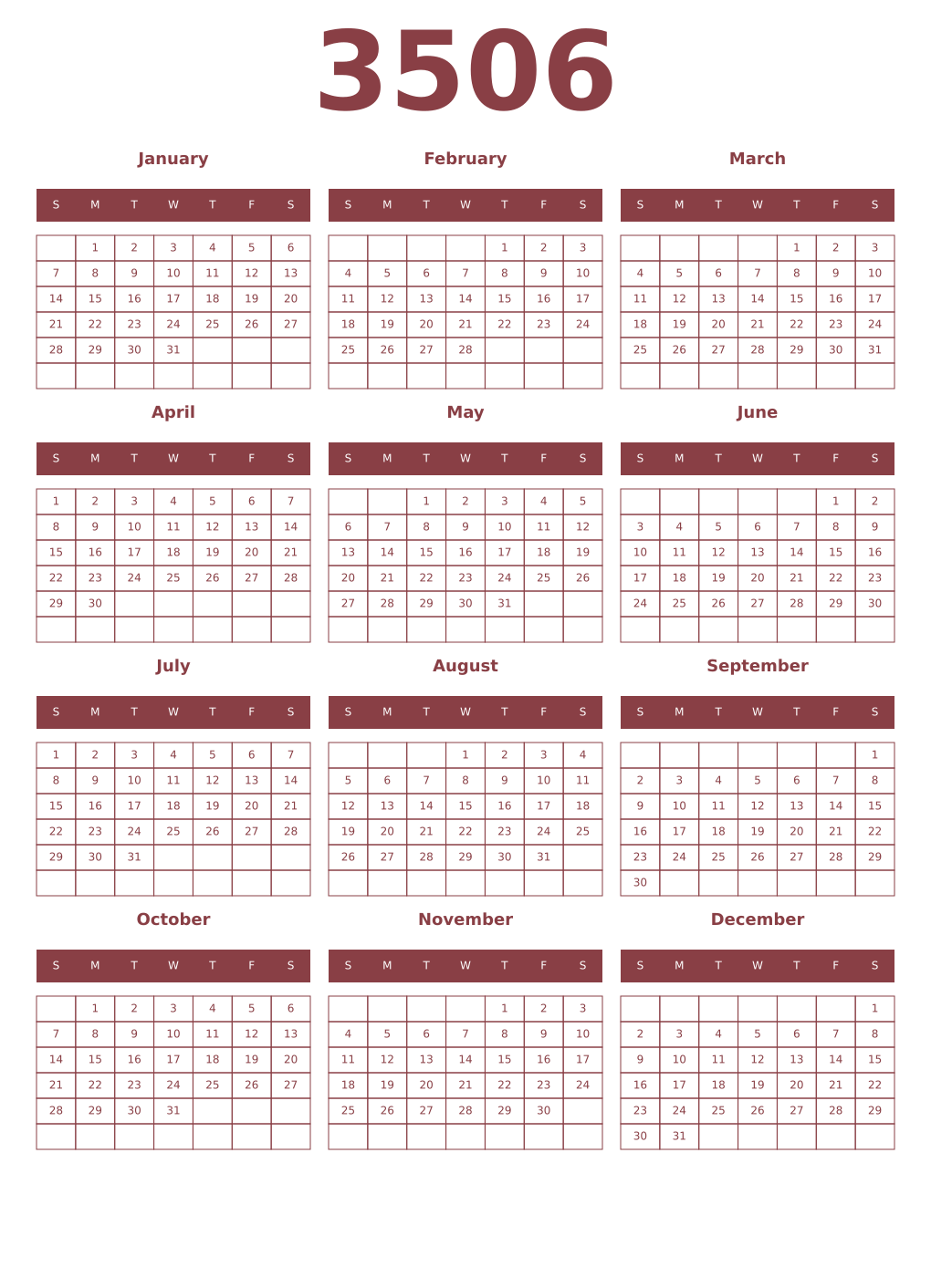 Printable 3506 Year Calendars cordovan