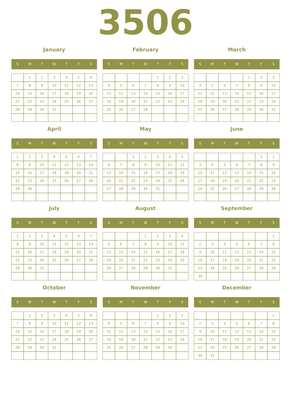 Printable 3506 Year Calendars eburnean