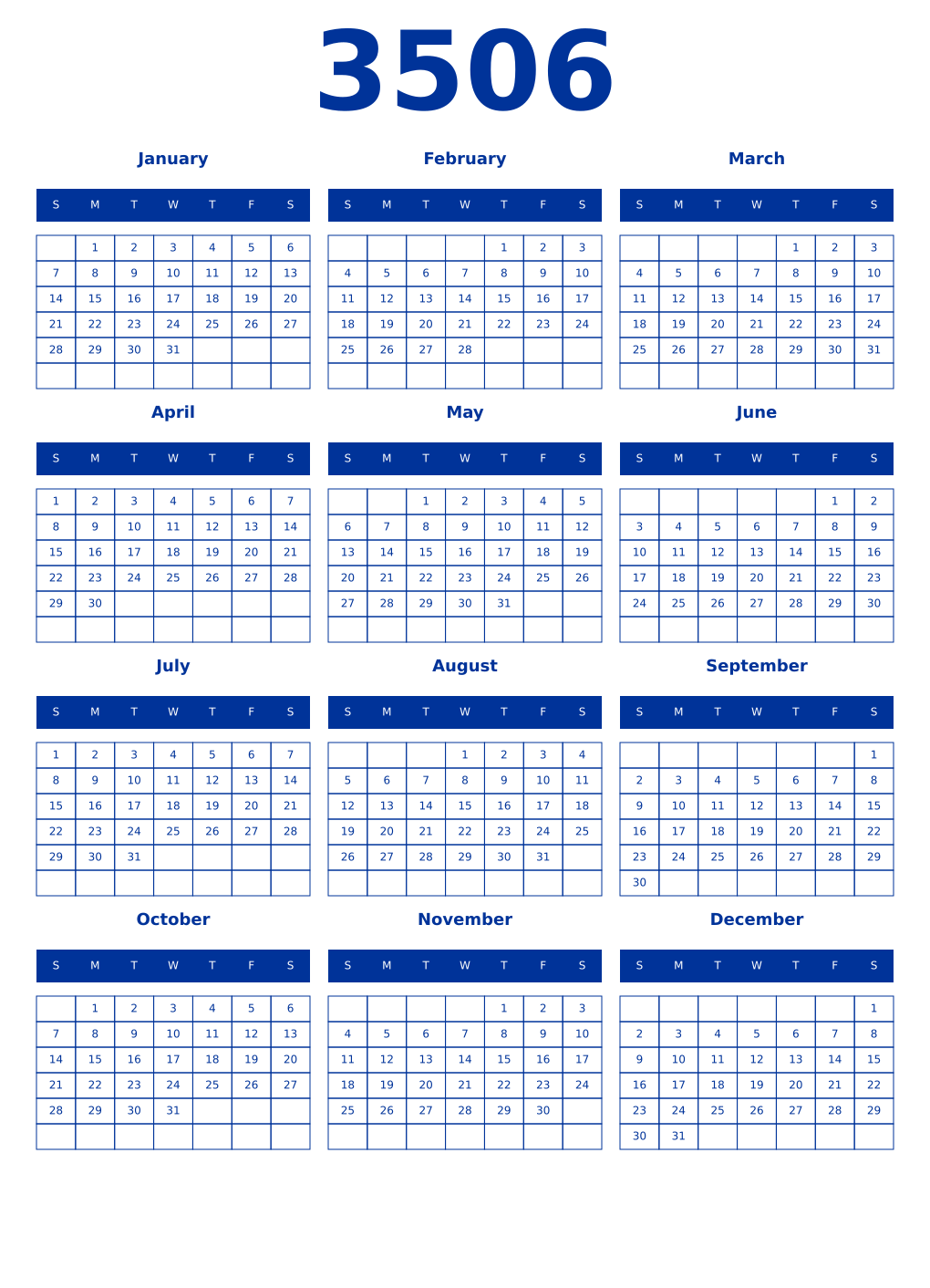 Printable 3506 Year Calendars smalt