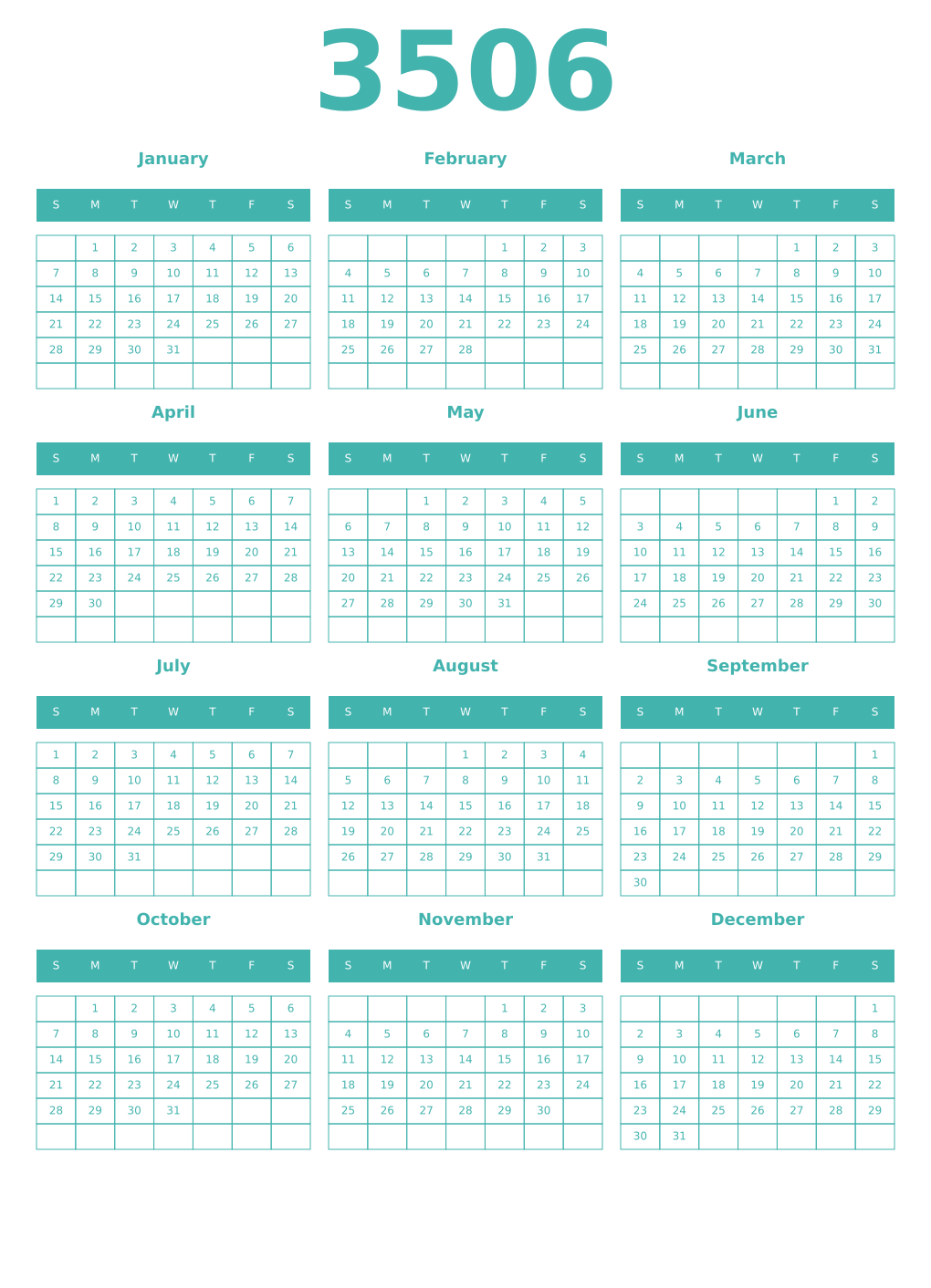 Printable 3506 Year Calendars verdigris