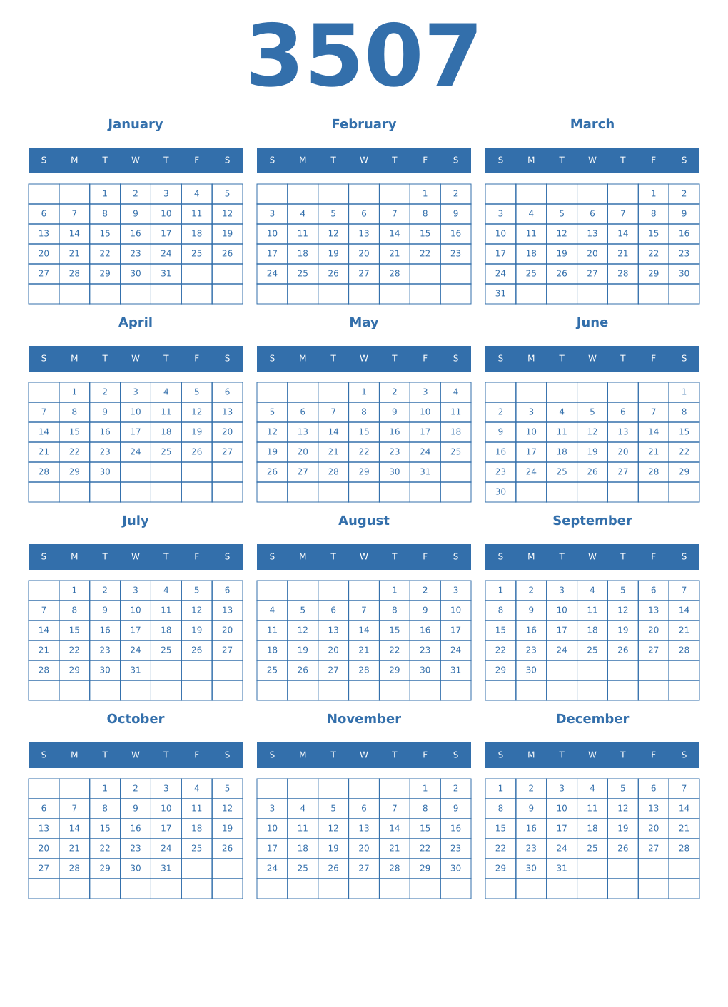 Printable 3507 Year Calendars blue
