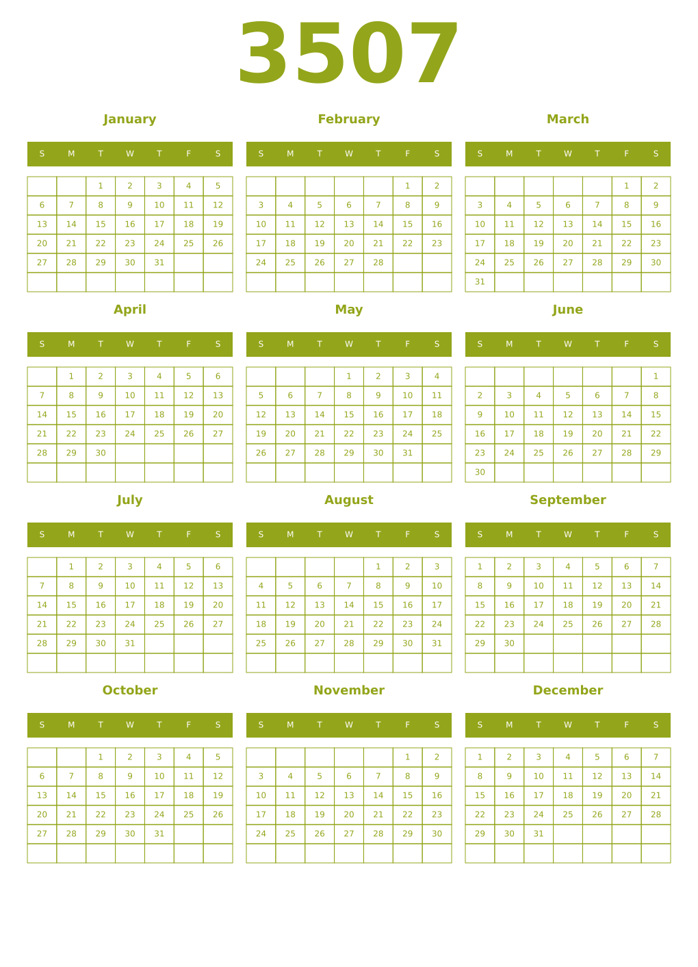Printable 3507 Year Calendars chartreuse