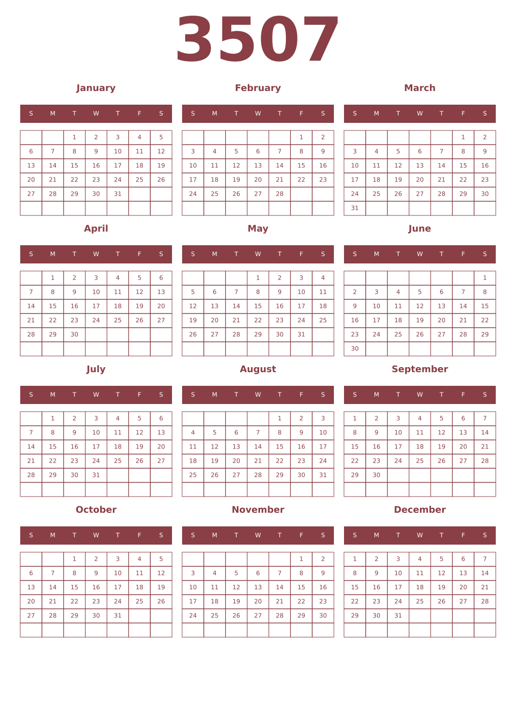 Printable 3507 Year Calendars cordovan