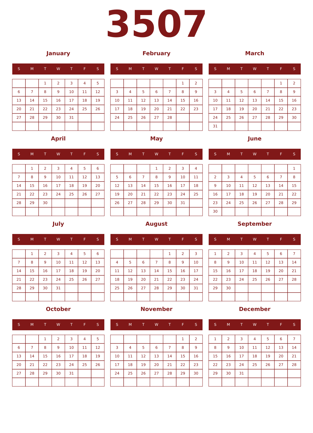 Printable 3507 Year Calendars falu