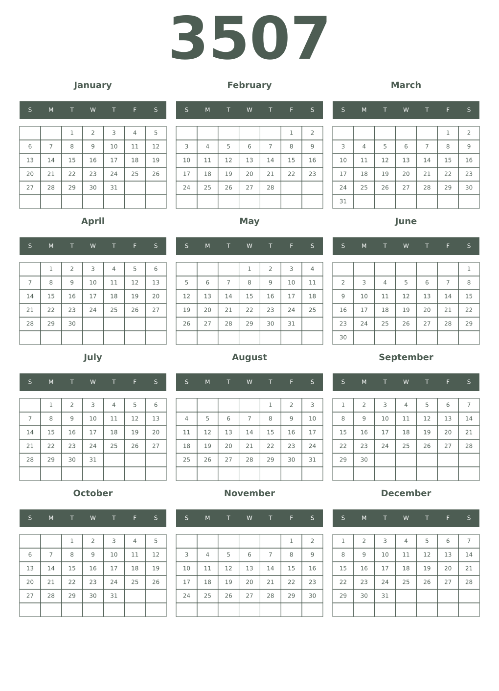 Printable 3507 Year Calendars feldgrau