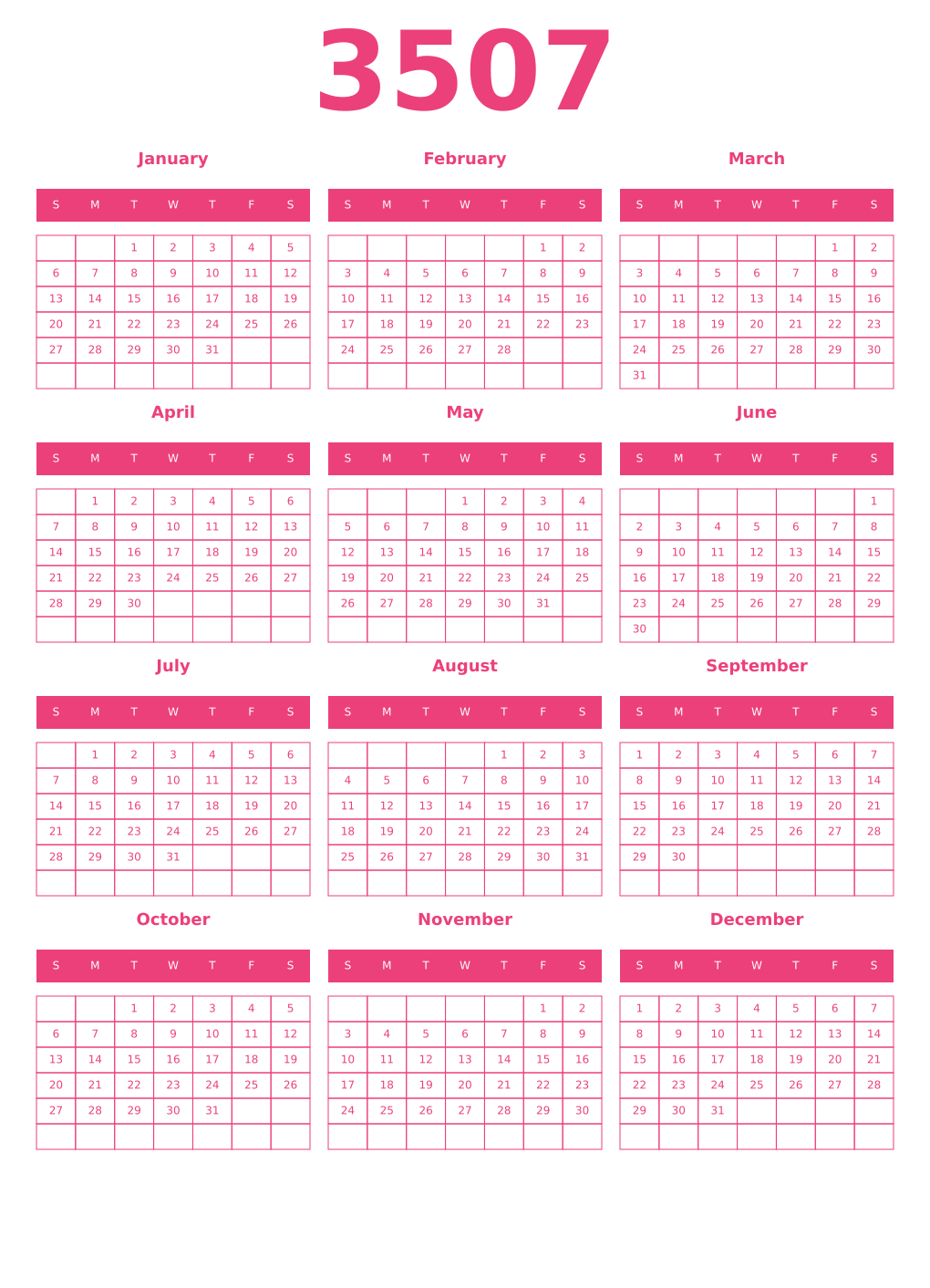 Printable 3507 Year Calendars pink
