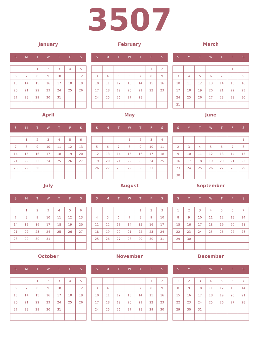 Printable 3507 Year Calendars puce