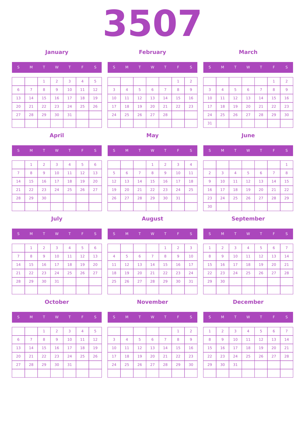 Printable 3507 Year Calendars purple