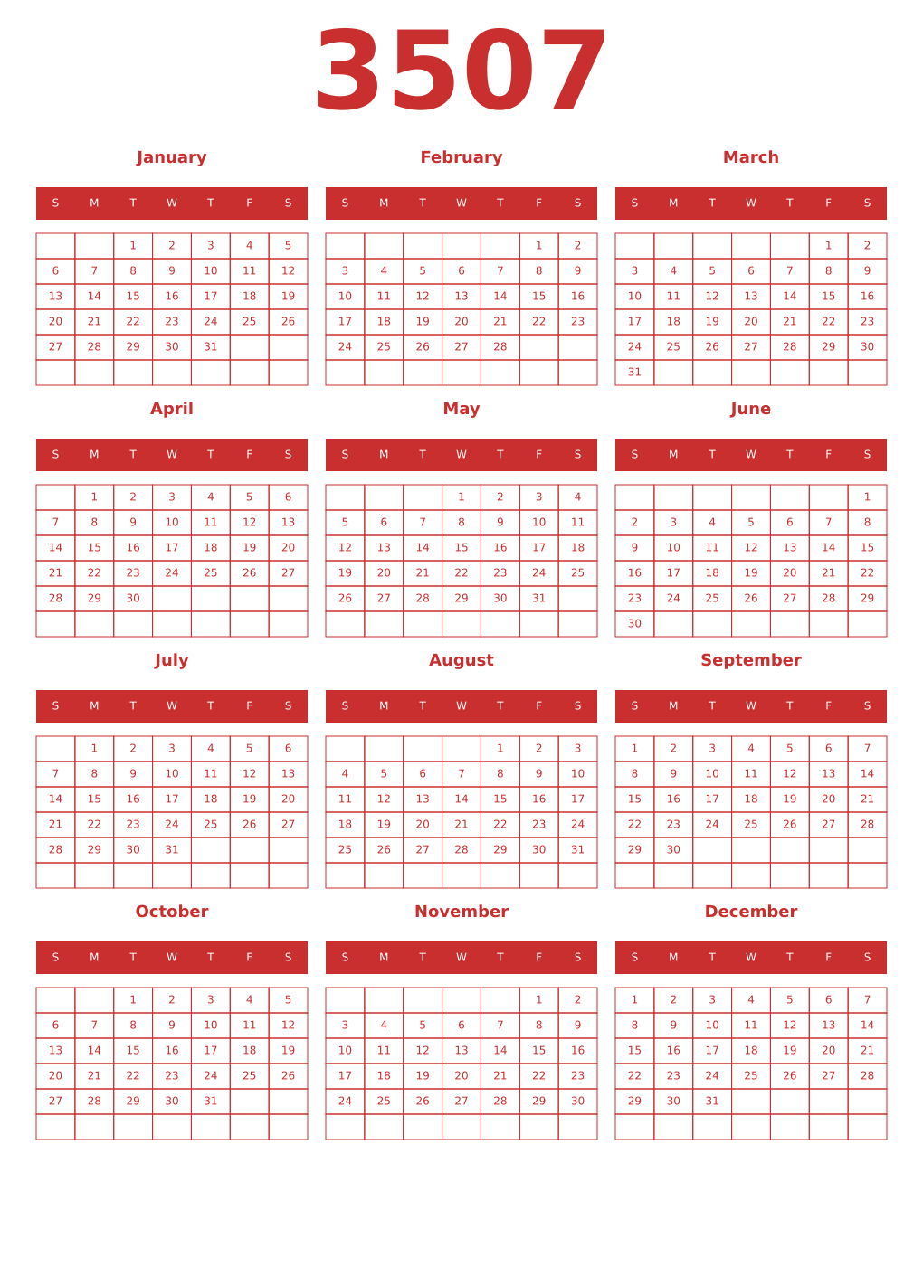Printable 3507 Year Calendars red