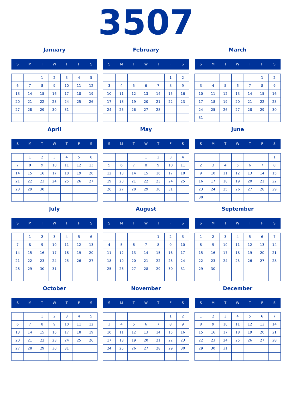 Printable 3507 Year Calendars smalt