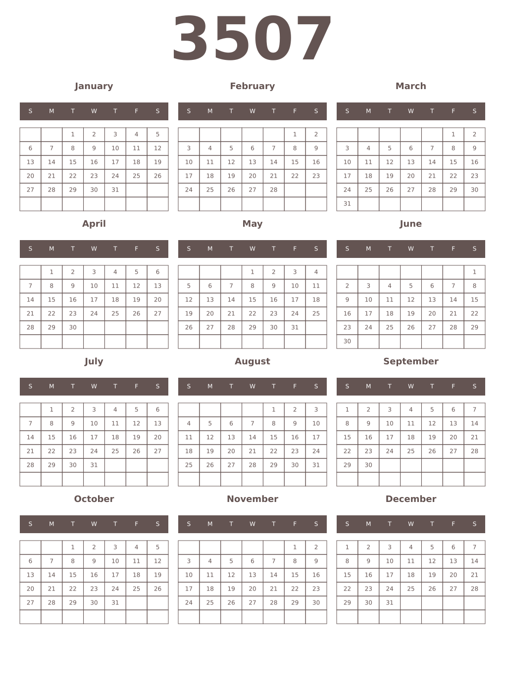 Printable 3507 Year Calendars wenge