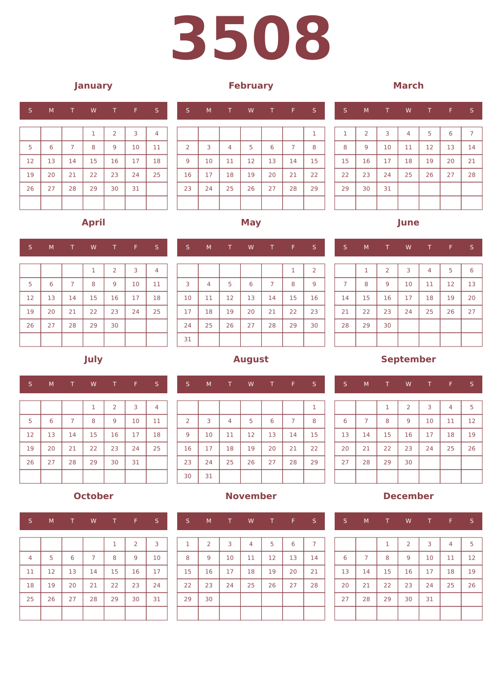 Printable 3508 Year Calendars cordovan