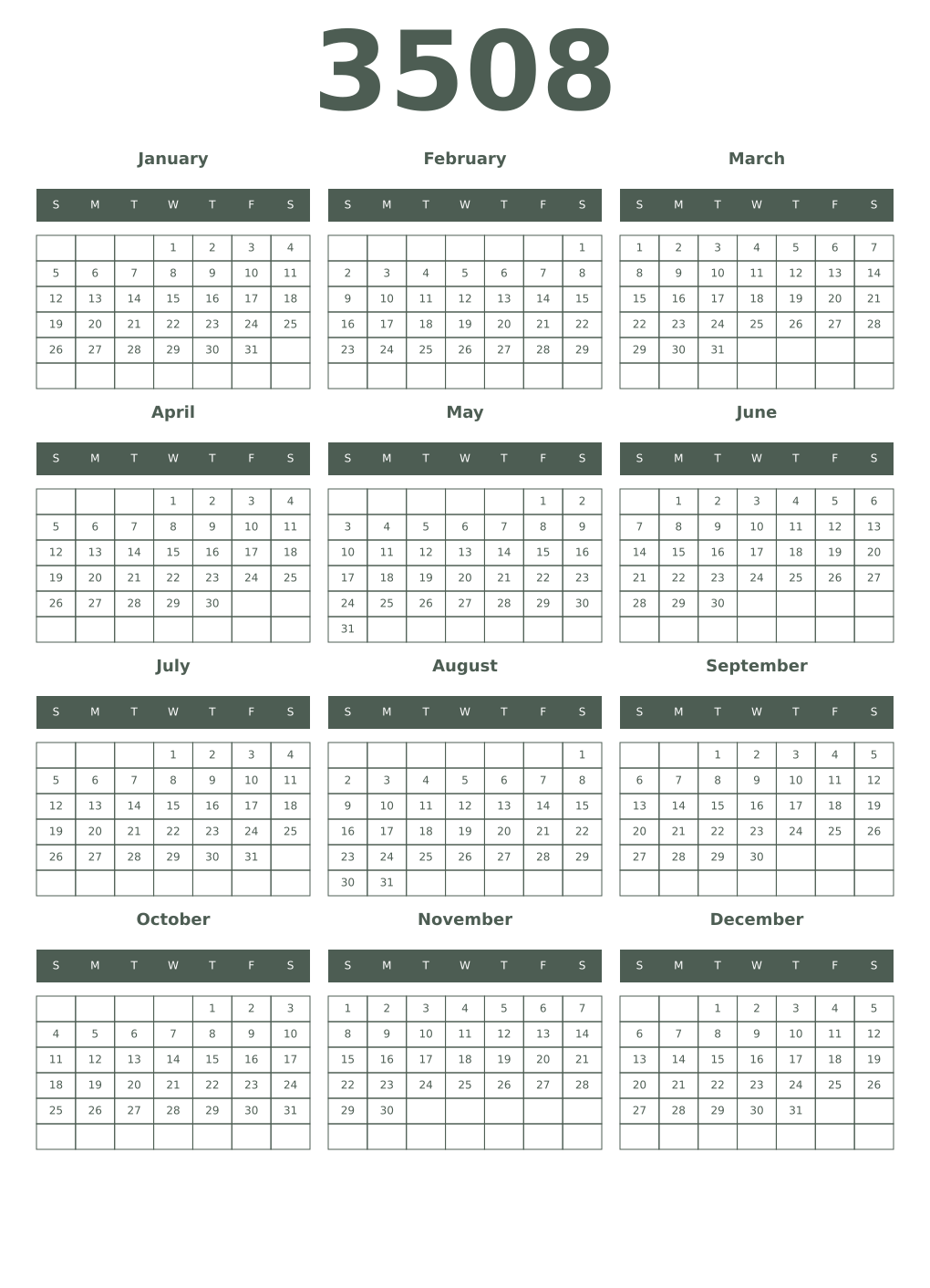 Printable 3508 Year Calendars feldgrau
