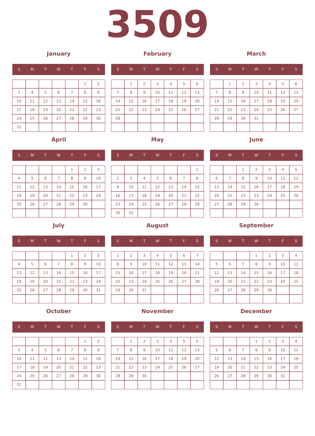 Printable 3509 Year Calendars cordovan
