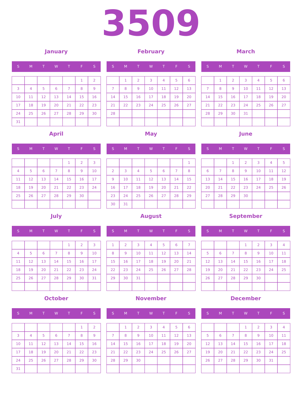 Printable 3509 Year Calendars purple