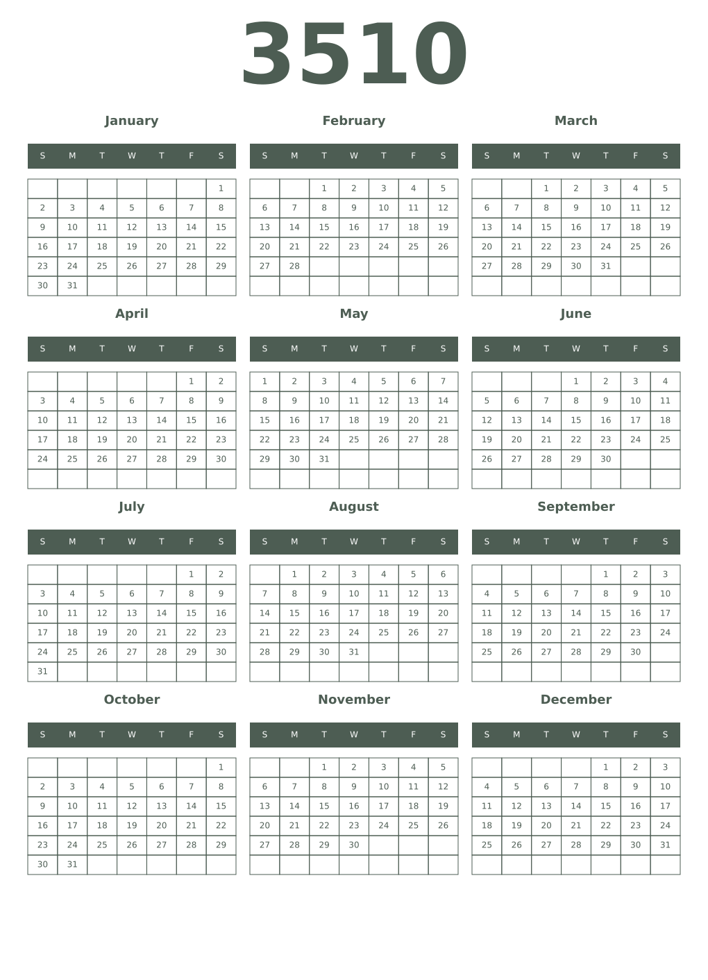 Printable 3510 Year Calendars feldgrau