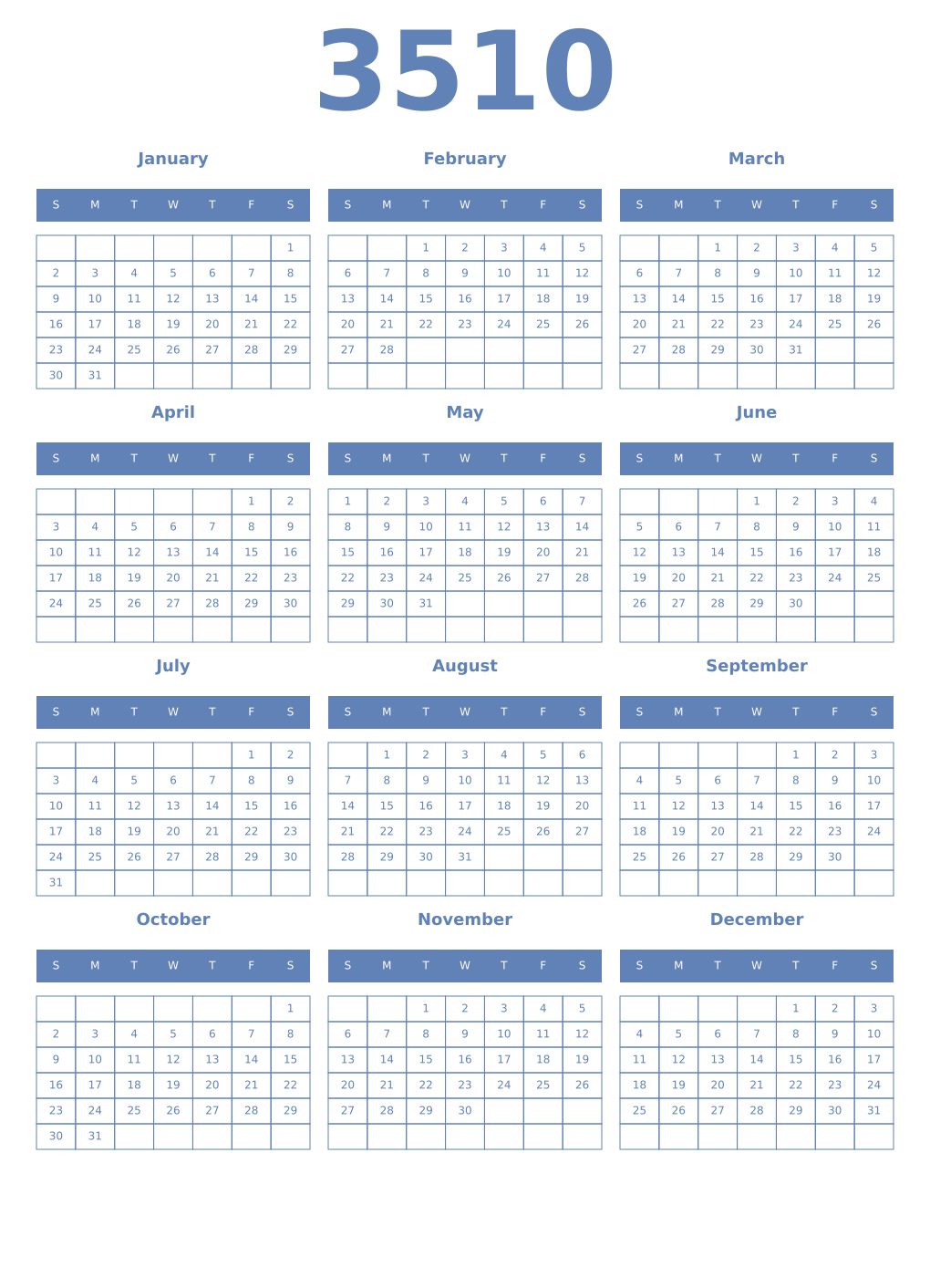 Printable 3510 Year Calendars glaucous