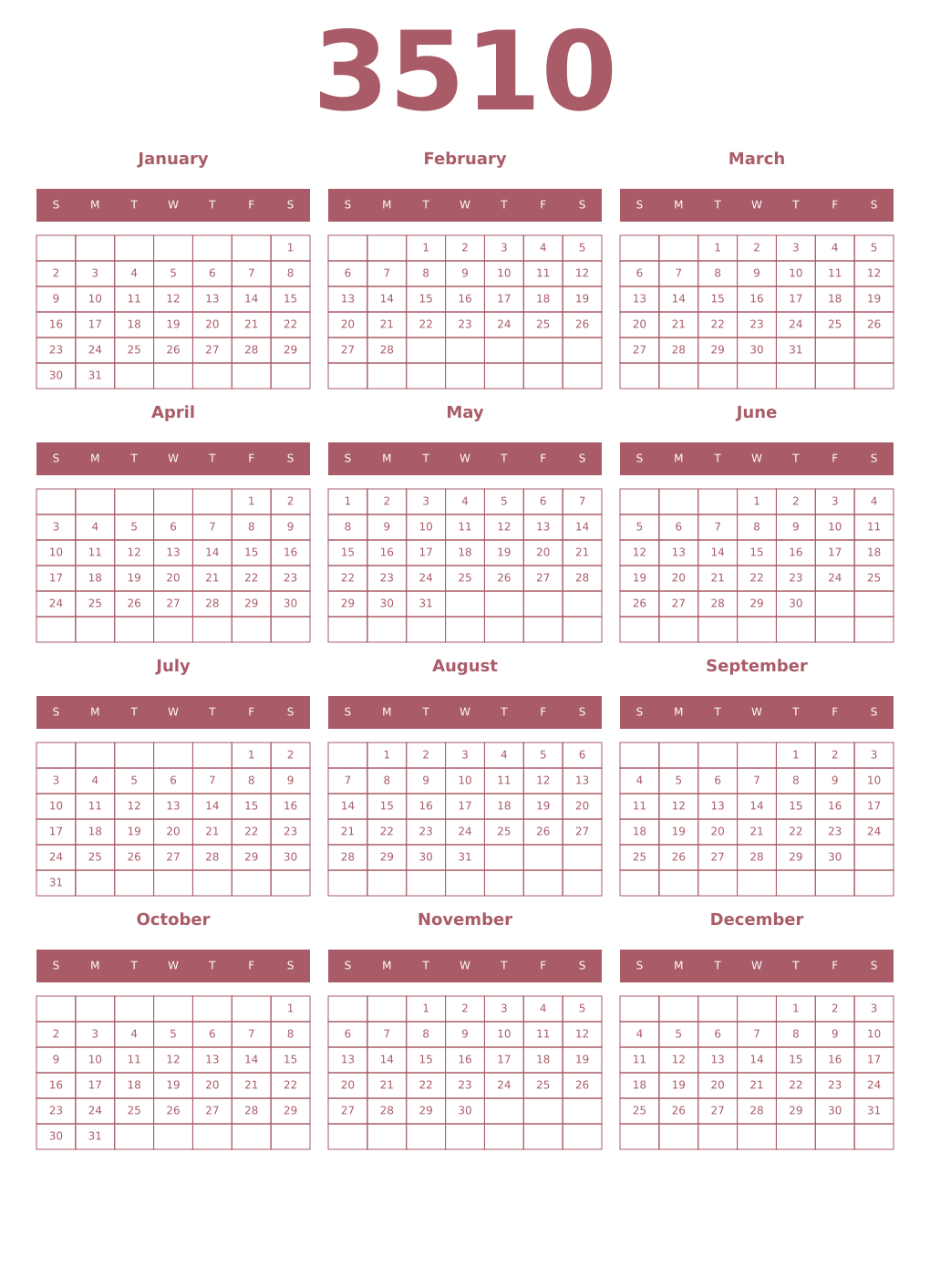 Printable 3510 Year Calendars puce