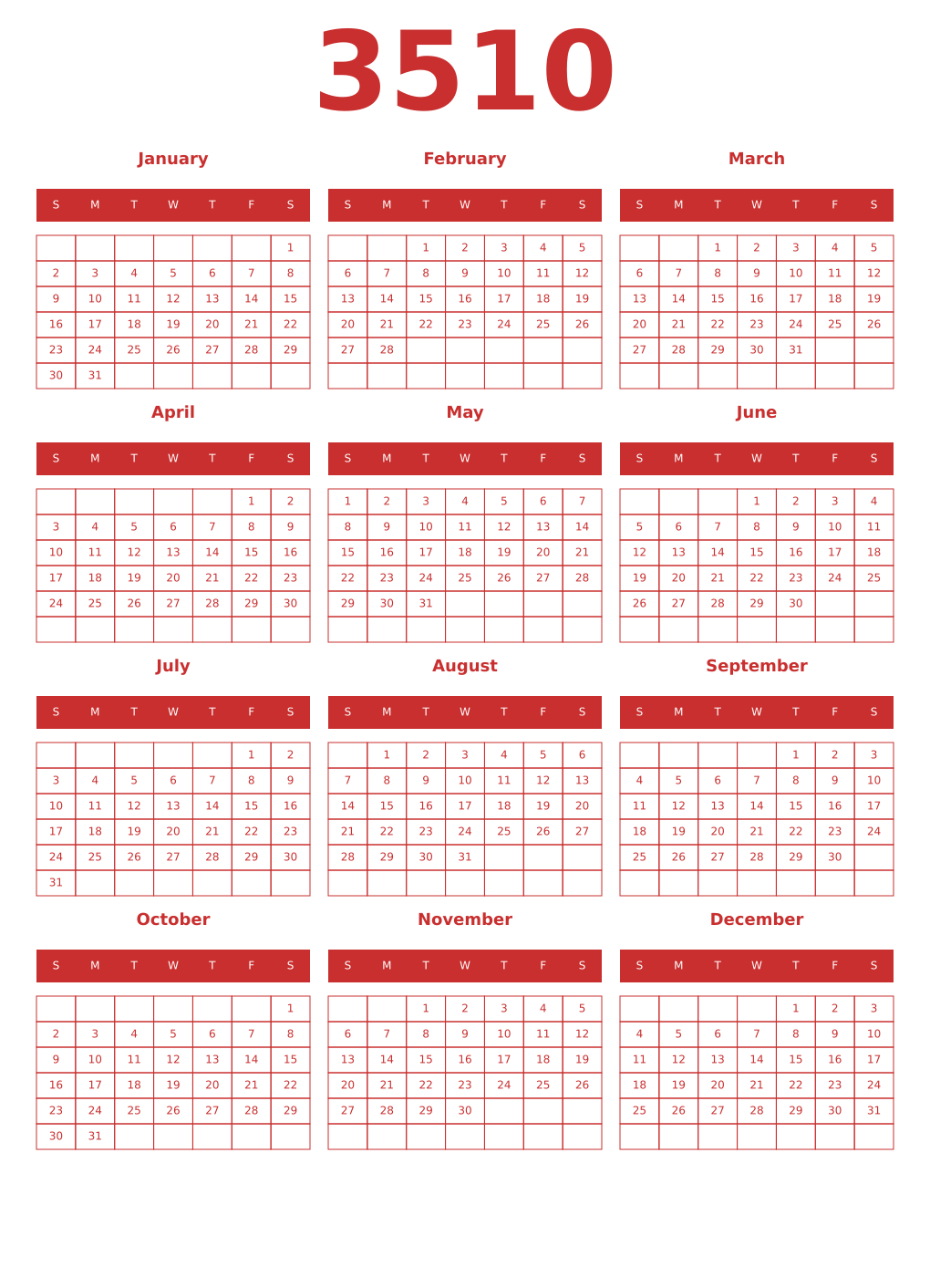 Printable 3510 Year Calendars red