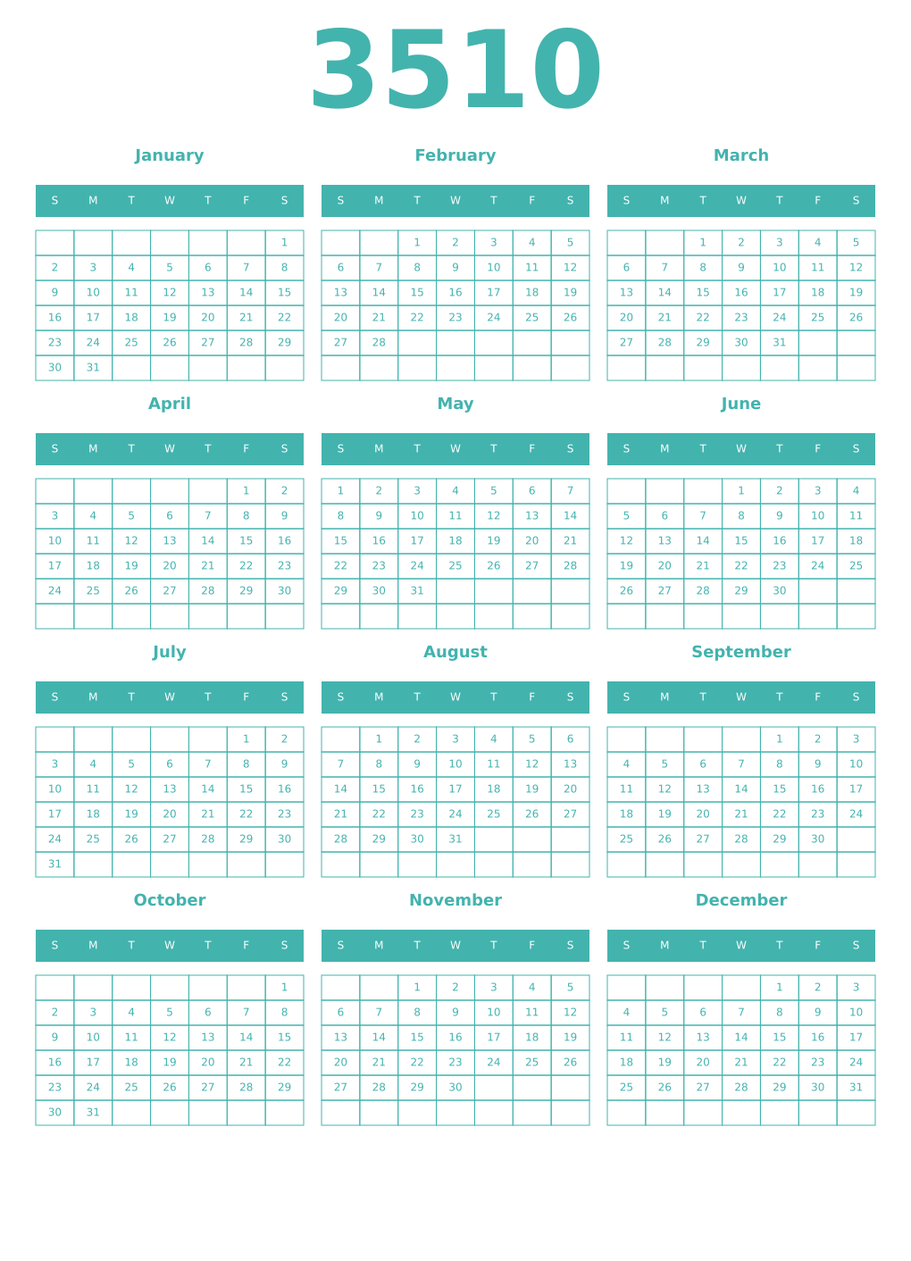 Printable 3510 Year Calendars verdigris
