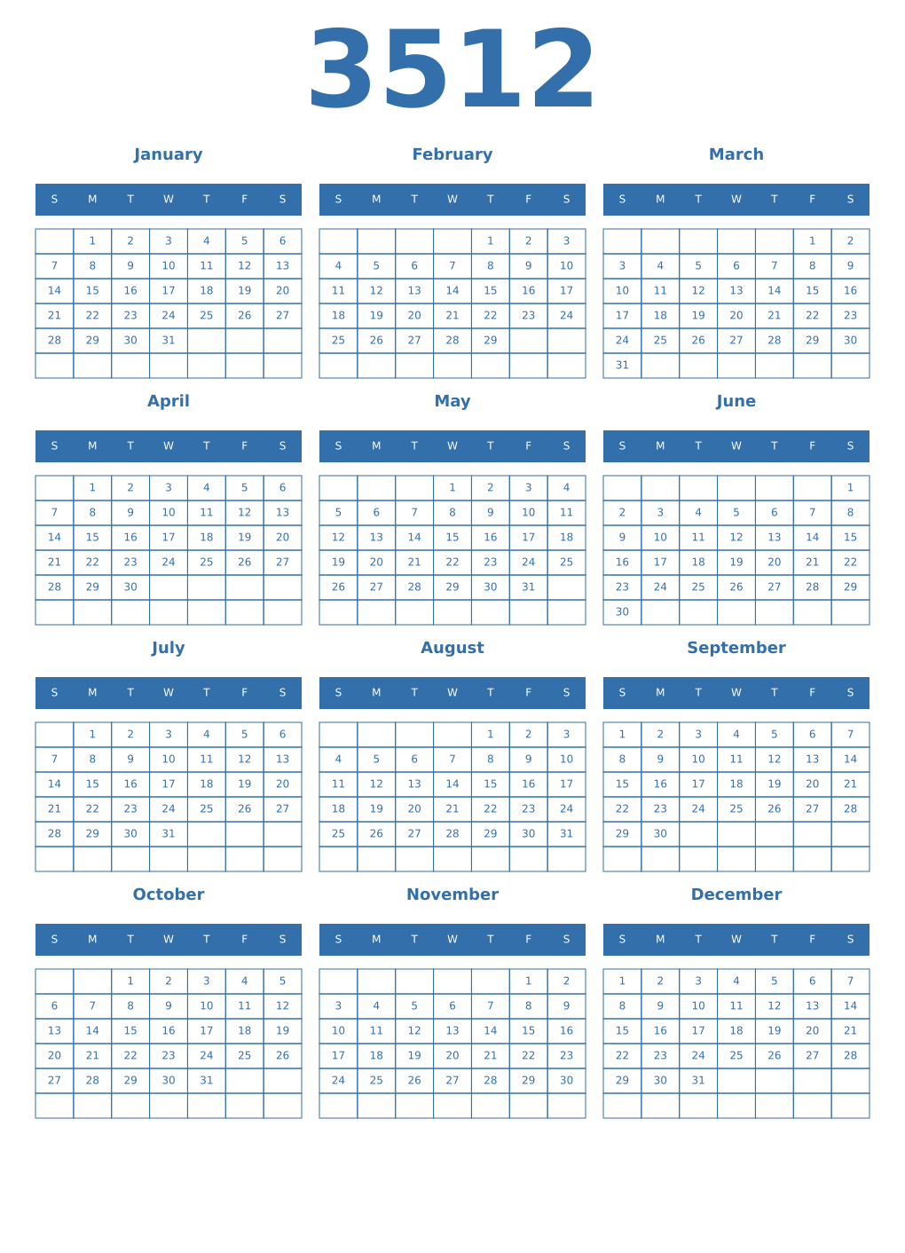 Printable 3512 Year Calendars blue