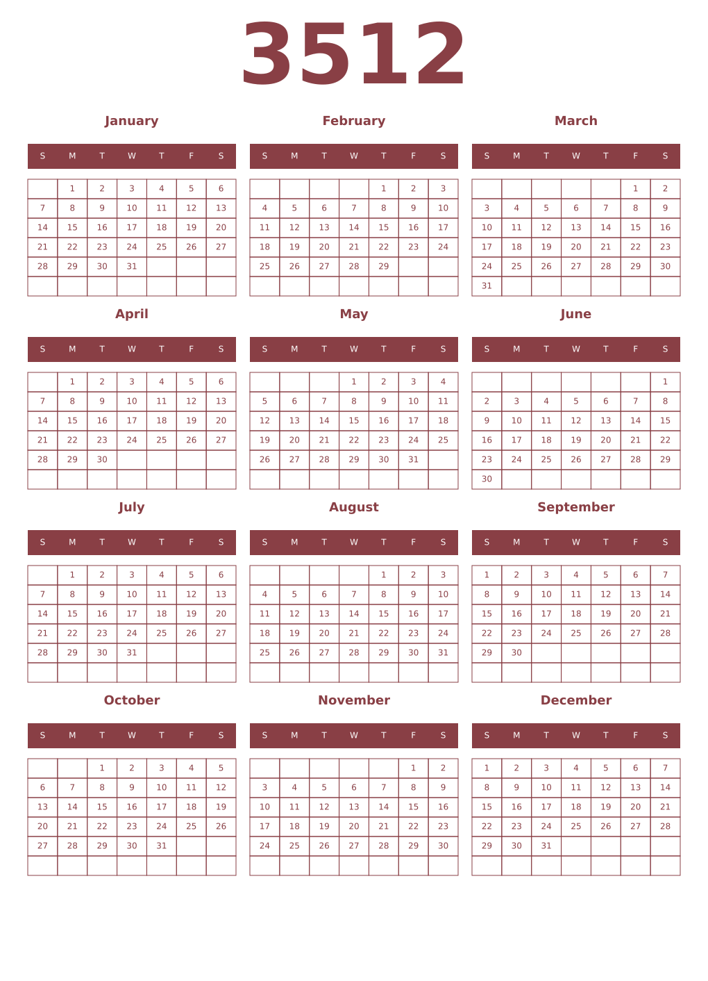Printable 3512 Year Calendars cordovan