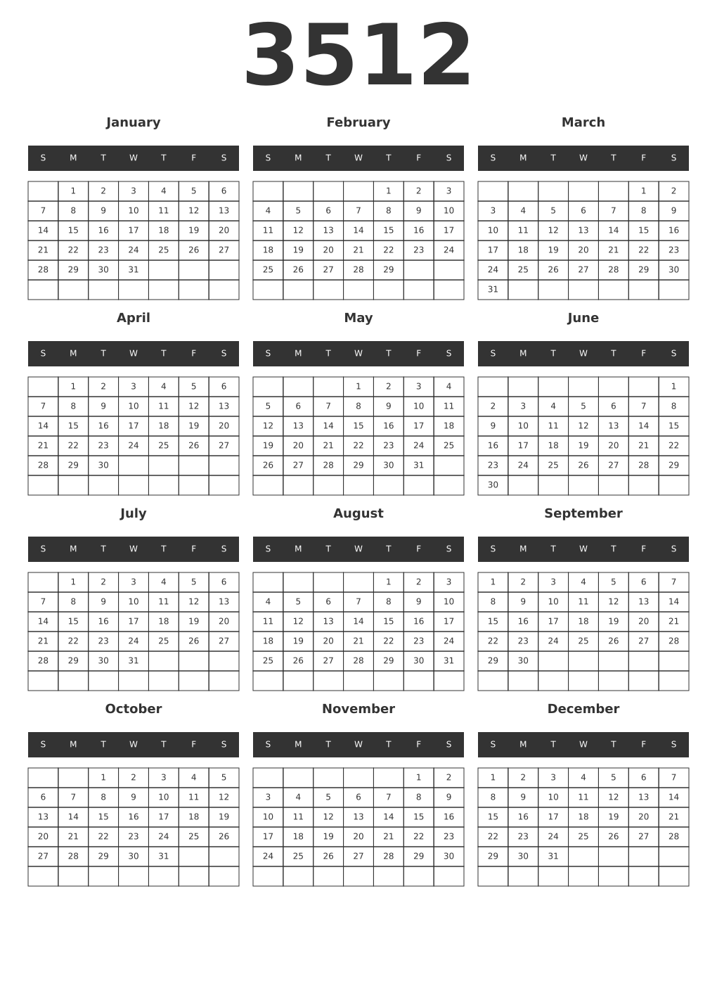Printable 3512 Year Calendars dark
