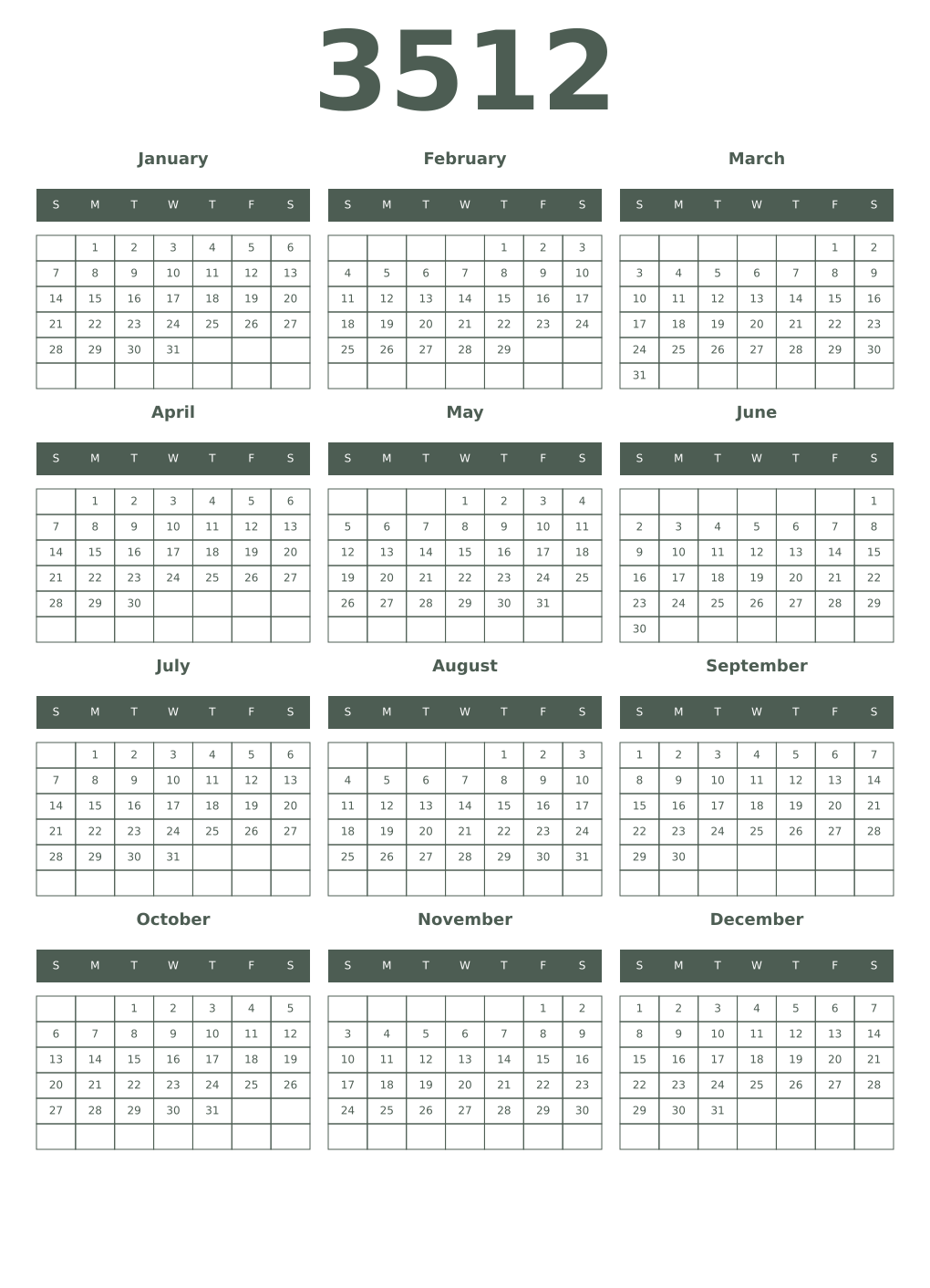 Printable 3512 Year Calendars feldgrau
