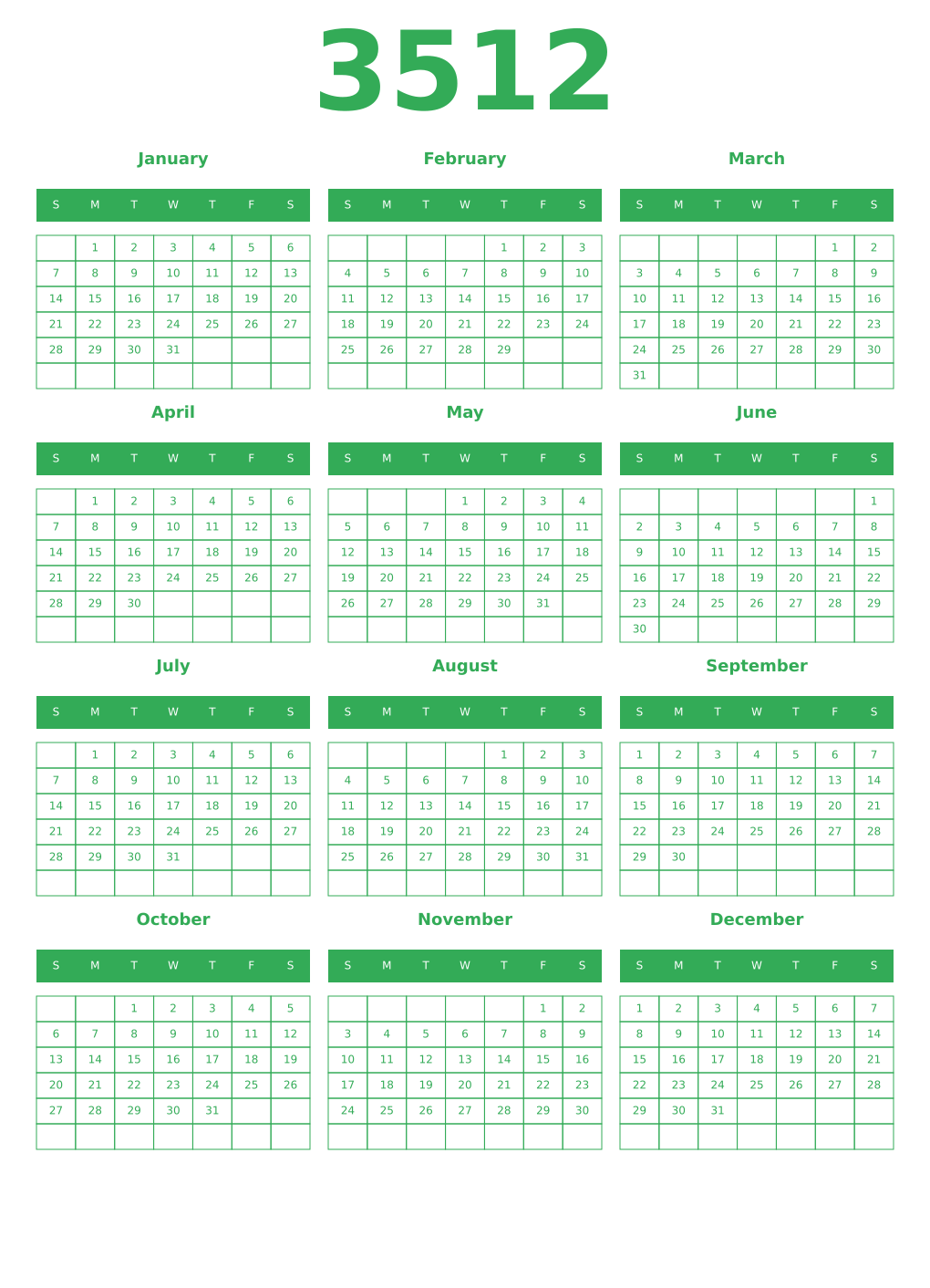 Printable 3512 Year Calendars green
