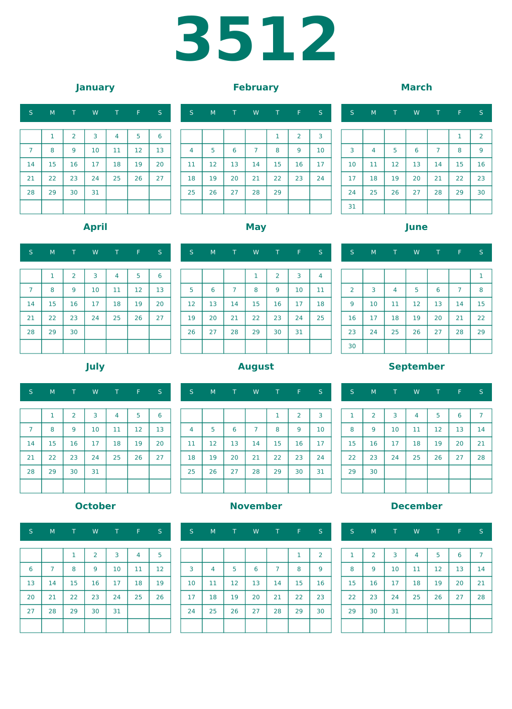 Printable 3512 Year Calendars pastel