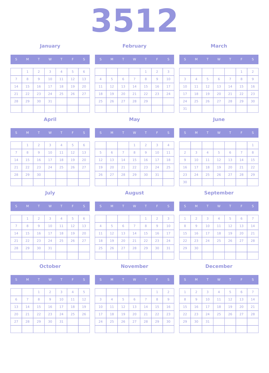 Printable 3512 Year Calendars periwinkle