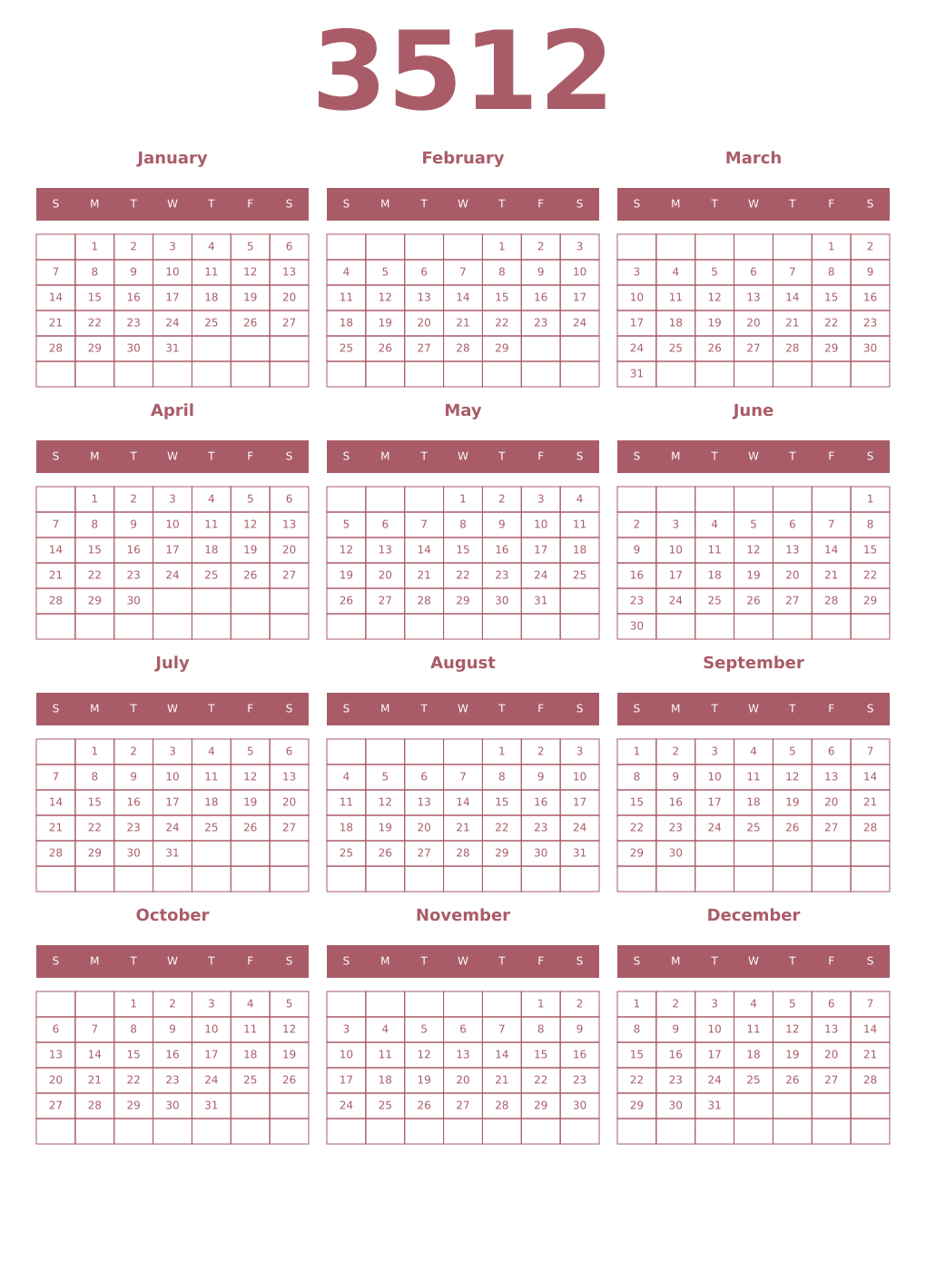 Printable 3512 Year Calendars puce