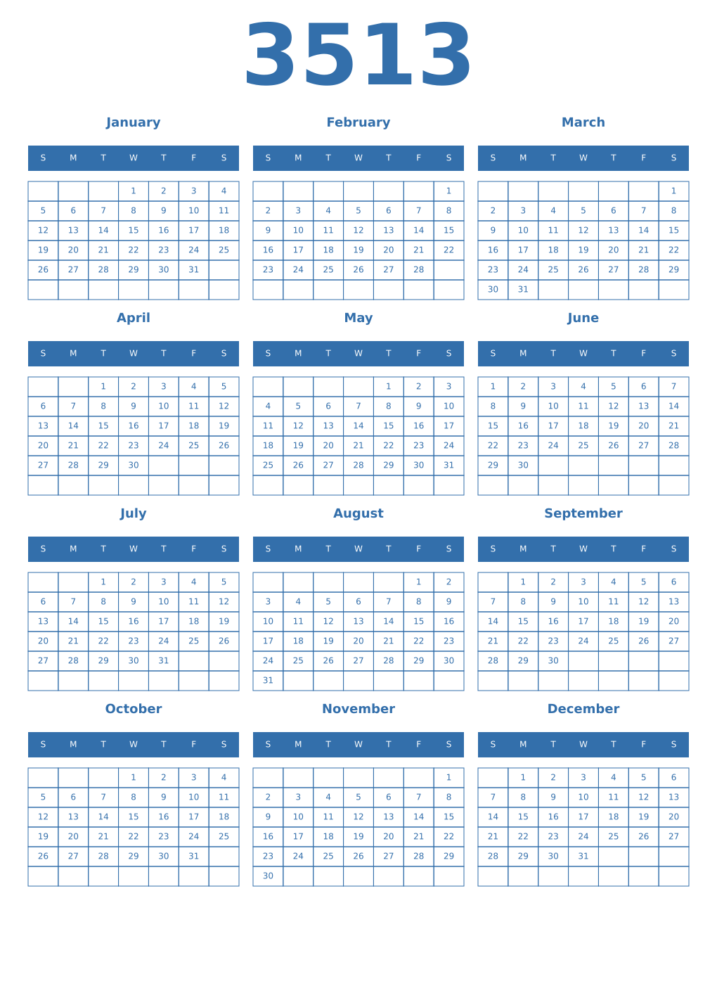 Printable 3513 Year Calendars blue