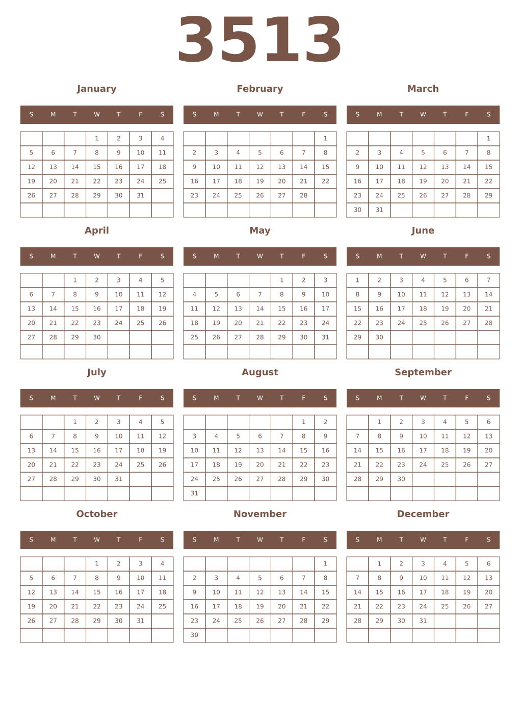 Printable 3513 Year Calendars coffe