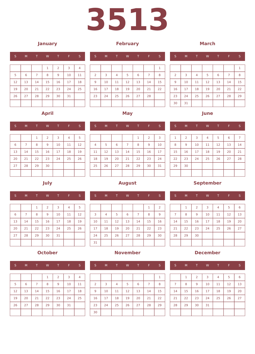Printable 3513 Year Calendars cordovan