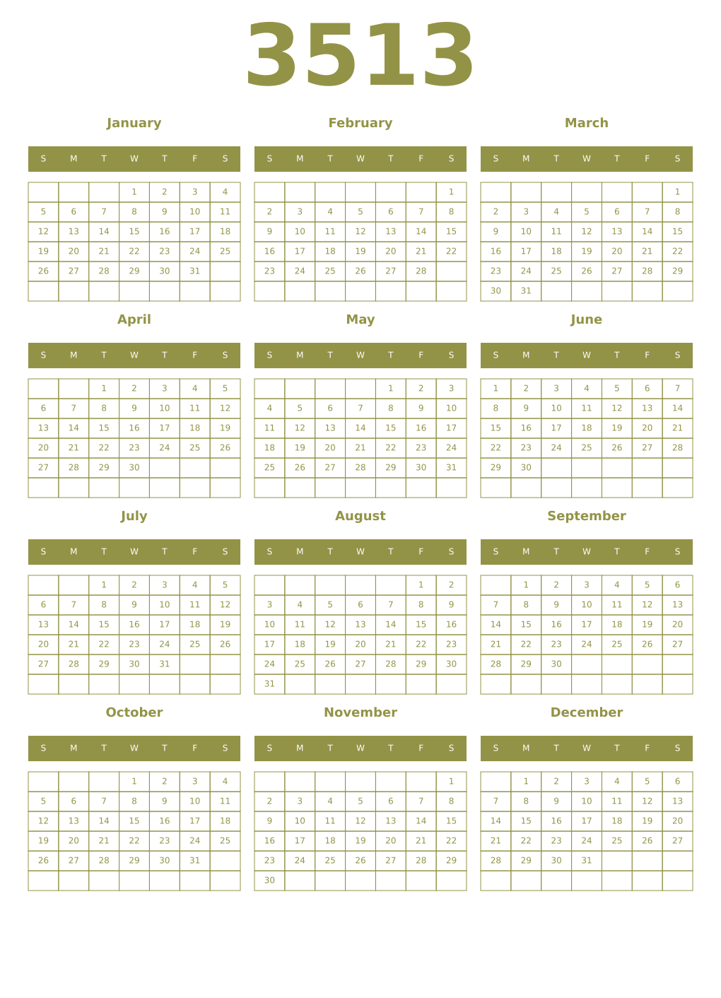 Printable 3513 Year Calendars eburnean